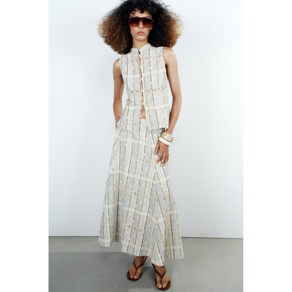 ZARA FRANCE | Eyelet Embroidered Skirt Set Womens M/L Blue Striped Boho Co-ord